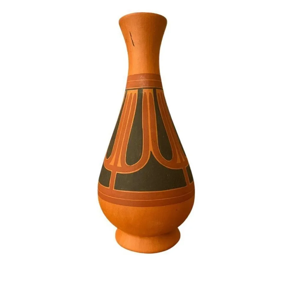 Native American Indian Southwest Pottery Bud Vase Black on Orange Pottery